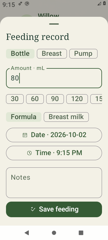 Native SproutBook feeding editor in the light theme, with sample data
