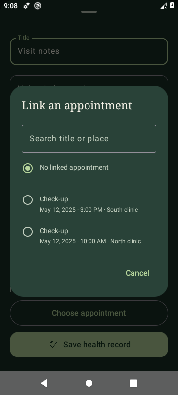 Actual SproutBook 3.5.1 native appointment picker with two check-ups distinguished by time and clinic