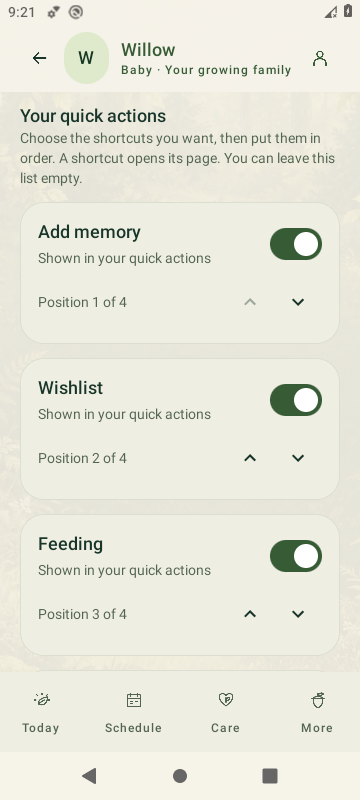 Actual SproutBook 3.7 personal quick action choices and order