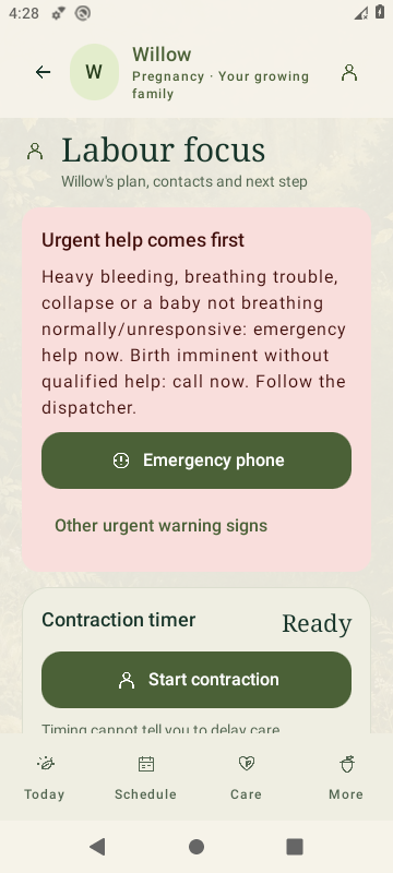Actual SproutBook 3.6 Labour focus with urgent-help guidance and native contraction controls