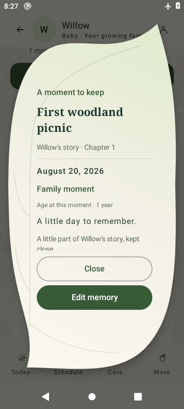 Actual SproutBook 3.8 leaf-shaped memory keepsake with date, story, Close and Edit memory buttons