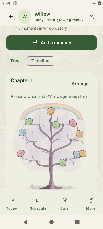 Actual SproutBook 3.8 Rainbow Memory Tree with ten saved sample leaves in the light theme