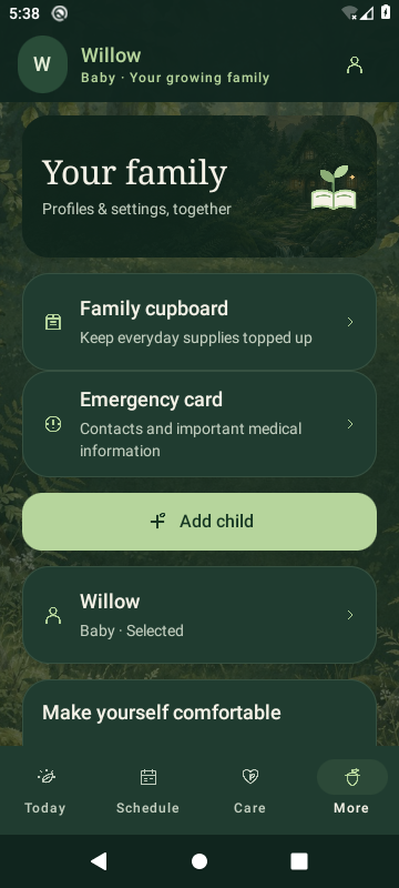Actual SproutBook 3.5 family settings in the light woodland theme