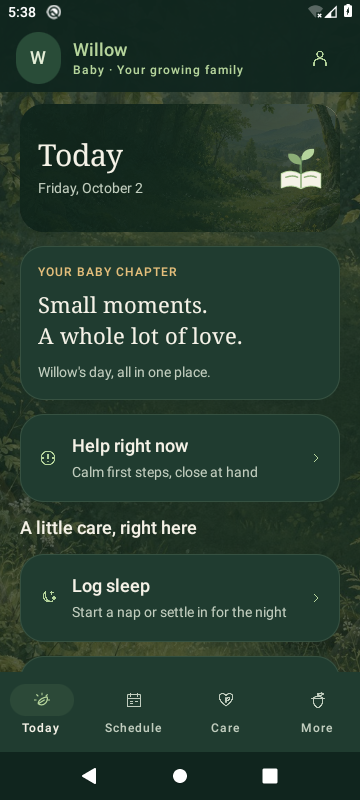 Actual SproutBook 3.5 Today dashboard in the dark woodland theme