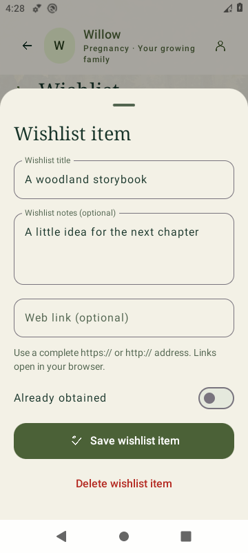 Actual SproutBook 3.6 native wishlist editor with a sample woodland storybook idea
